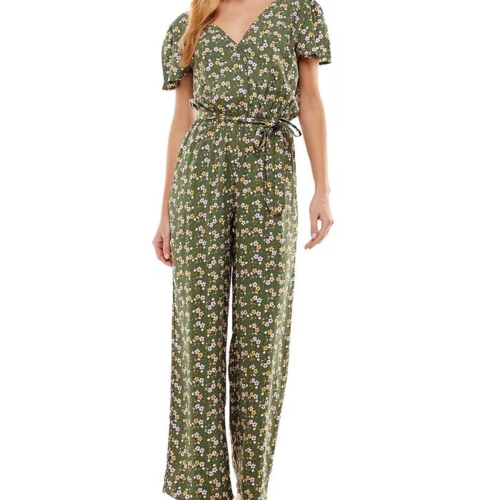 Kingston Grey Floral Green Tie-Waist Jumpsuit